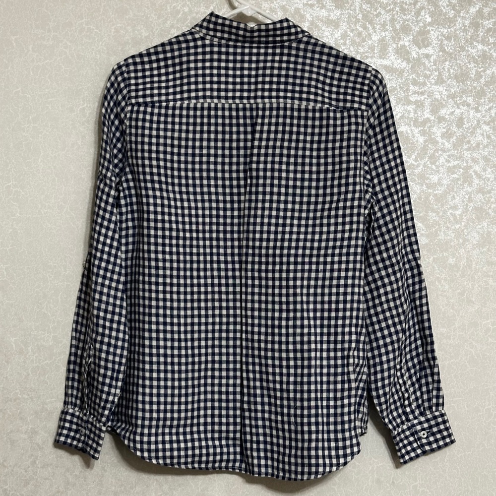 Talbots Navy Blue & White Gingham Check Plaid 100% Linen Button Down Shirt S - Picture 2 of 5